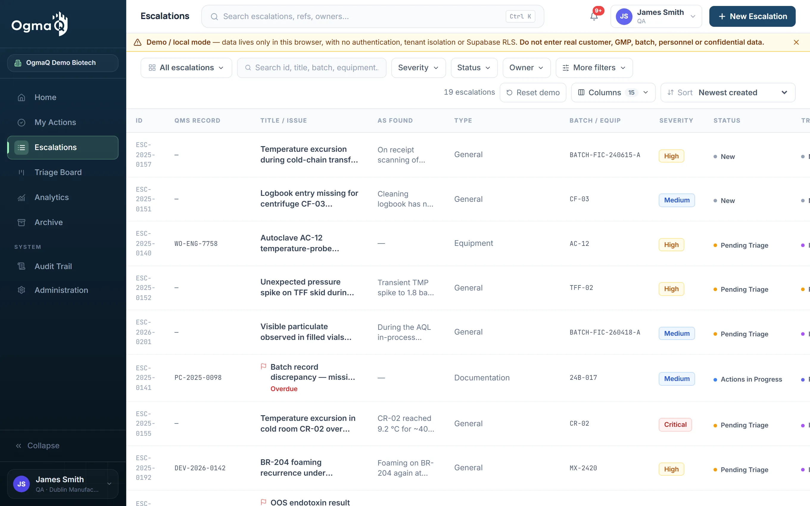 The OgmaQ escalations list: a table of operational escalations, each with a reference, an optional linked QMS record, the issue and how it was found, the batch or equipment, a severity, a workflow status and a triage state.